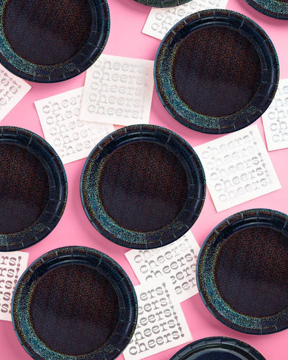 Black Shimmer Plates - NYE Birthday Party Decorations
