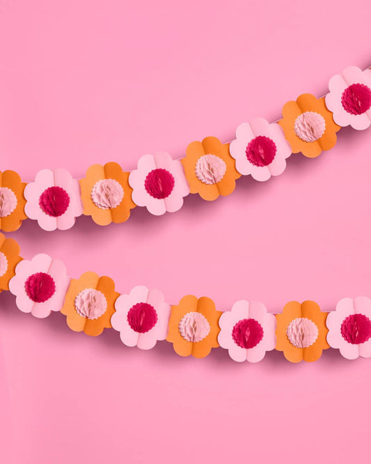 Flower Garland - 3D paper 10 ft banner, pink, orange, kids
