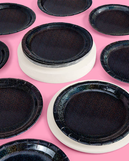 Black Shimmer Plates - NYE Birthday Party Decorations