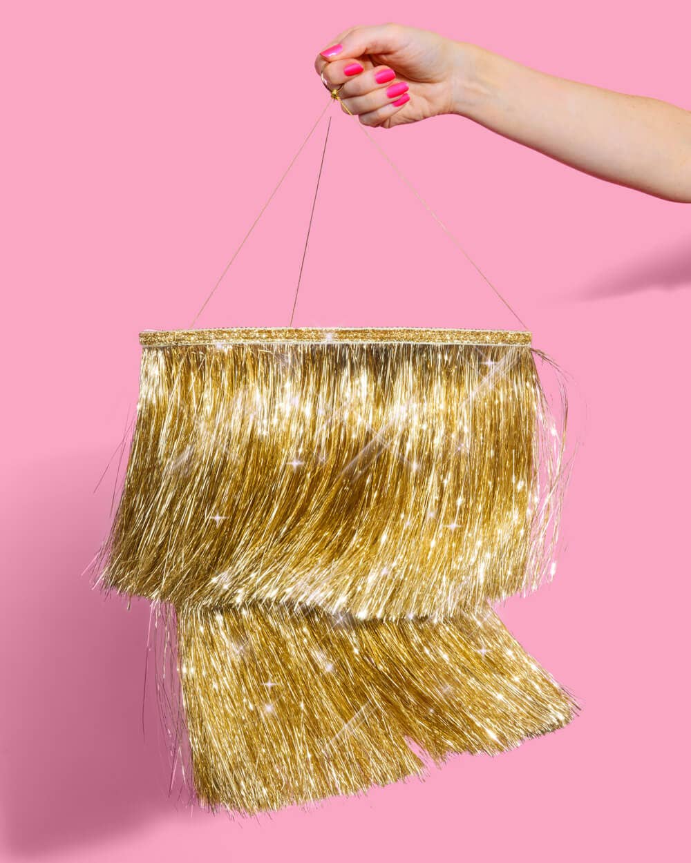 Golden Fringe Chandelier - sparkly foil, 16" tall x 12" wide