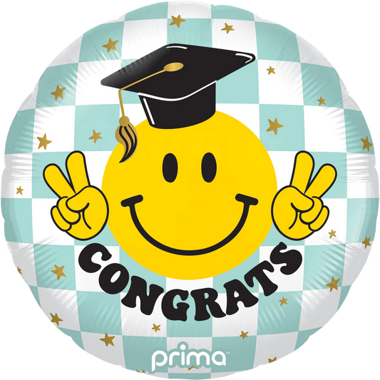 18" Round Congrats Smile Face Grad Checker