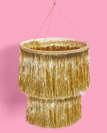 Golden Fringe Chandelier - sparkly foil, 16" tall x 12" wide