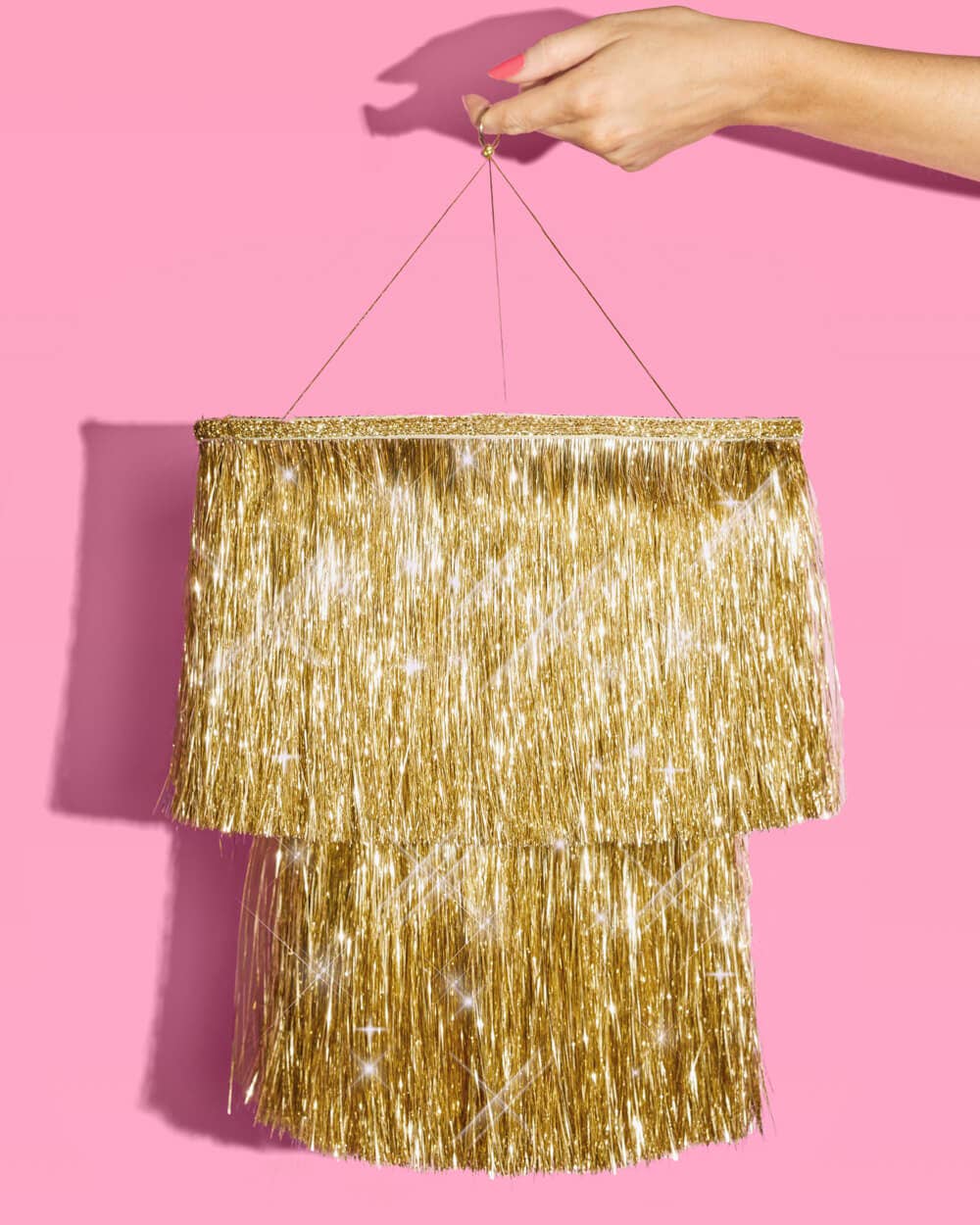Golden Fringe Chandelier - sparkly foil, 16" tall x 12" wide
