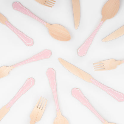 Elegant Pink Wooden Cutlery Set (x 24)