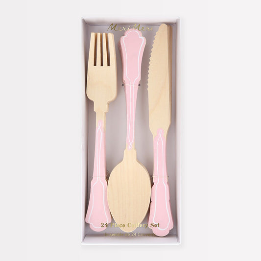 Elegant Pink Wooden Cutlery Set (x 24)
