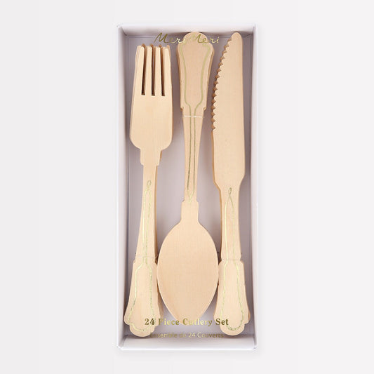 Elegant Gold Foil Detail Wooden Cutlery Set (x 24)